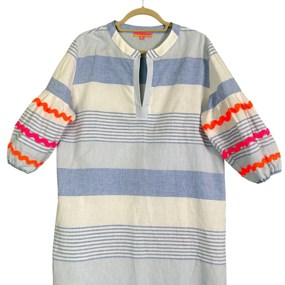 Vilagallo Tunic Dress 42 10 Blue White Stripe Linen Blend Pockets Resort Coastal - Picture 4 of 14